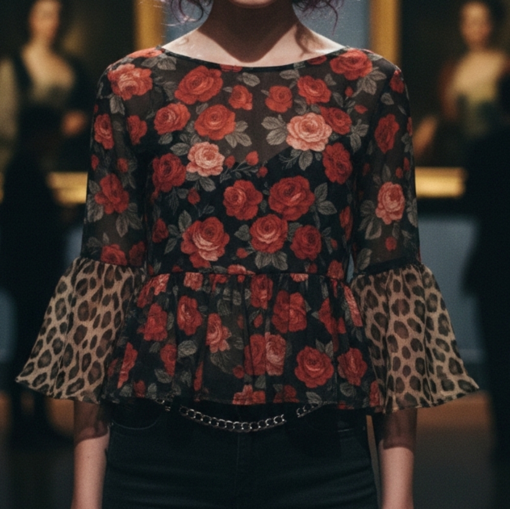 Vintage 90s Como Black Sheer Floral Blouse Leopard Bell Sleeve Small